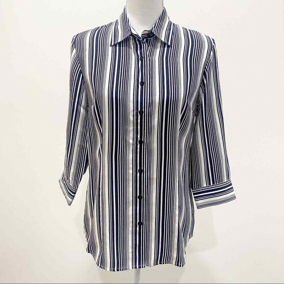 Pendleton Tops - PENDLETON womens button down shirt sz 6 100% silk navy blue white stripes classy